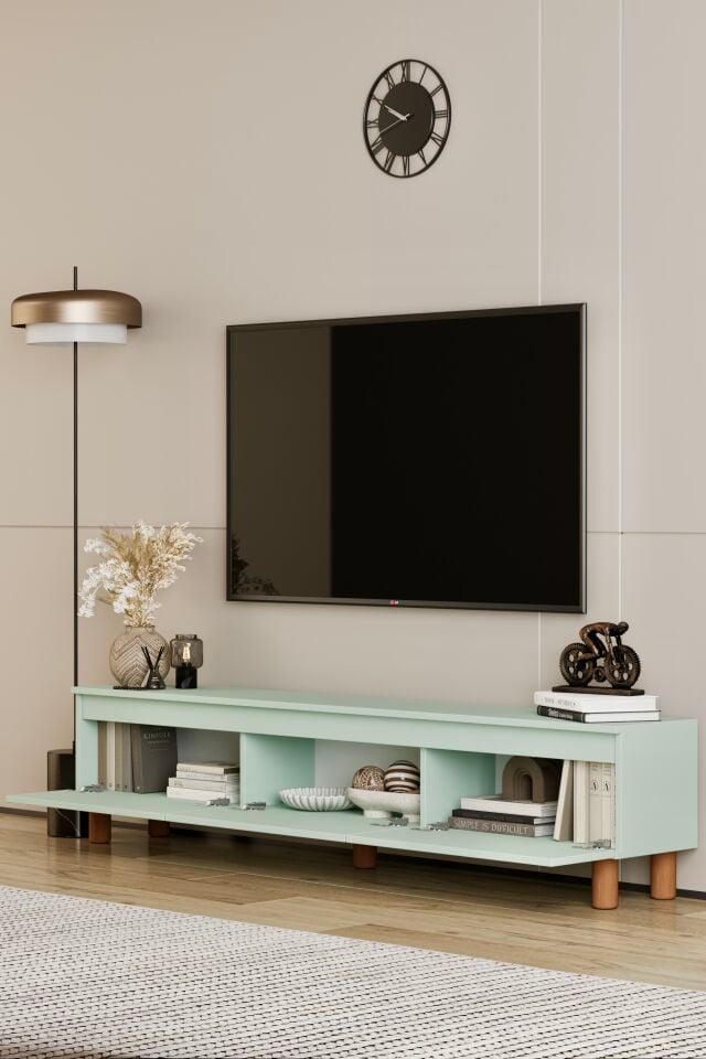 MİLA TV Ünitesi Ahşap Ayaklı 3 Kapaklı - MDF - 200 CM MİNT YEŞİLİ