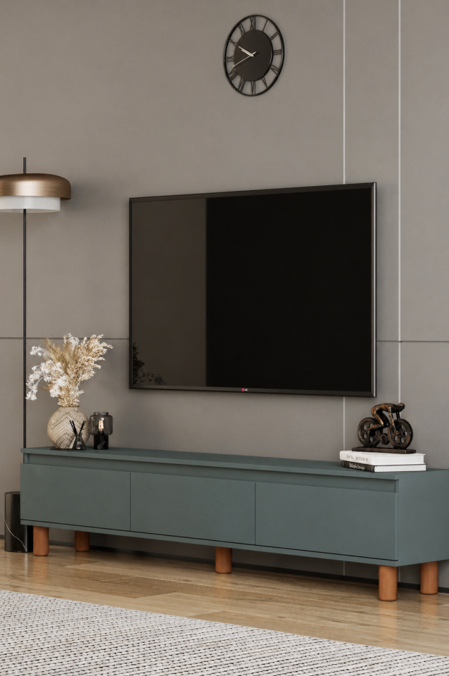 MİLA TV Ünitesi Ahşap Ayaklı 3 Kapaklı - MDF - 200 CM ZEYTİN TAŞI