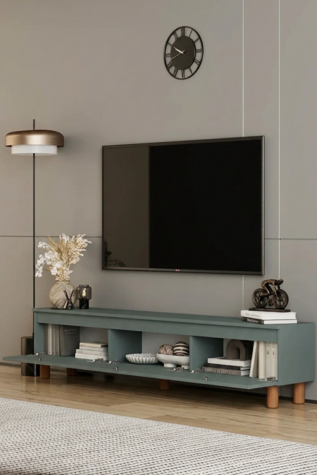 MİLA TV Ünitesi Ahşap Ayaklı 3 Kapaklı - MDF - 200 CM ZEYTİN TAŞI