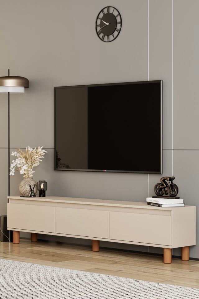 MİLA TV Ünitesi Ahşap Ayaklı 3 Kapaklı - MDF - 200 CM BEJ