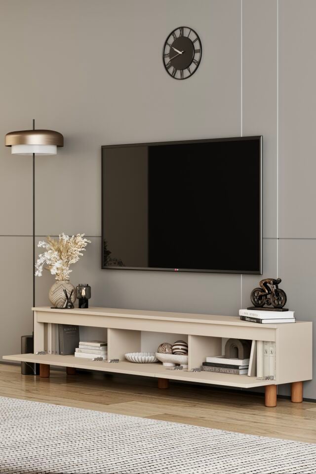 MİLA TV Ünitesi Ahşap Ayaklı 3 Kapaklı - MDF - 200 CM BEJ