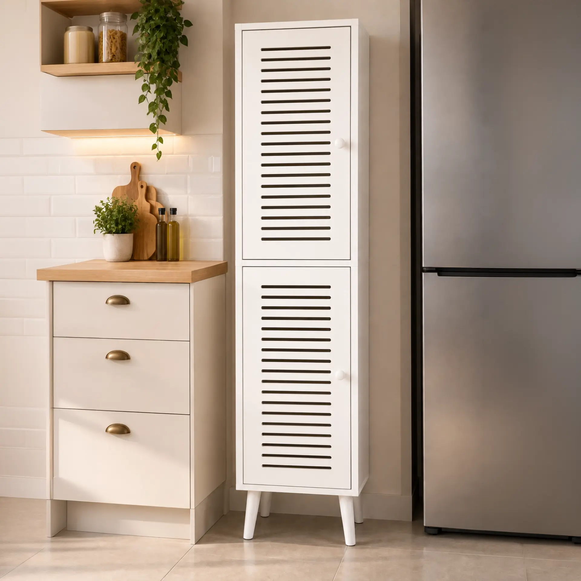 Vega Çok Amaçlı Dolap | Mutfak, Kiler, Banyo Dolabı %100 MDF (Panjur Kapak) | 2 Kapaklı BEYAZ