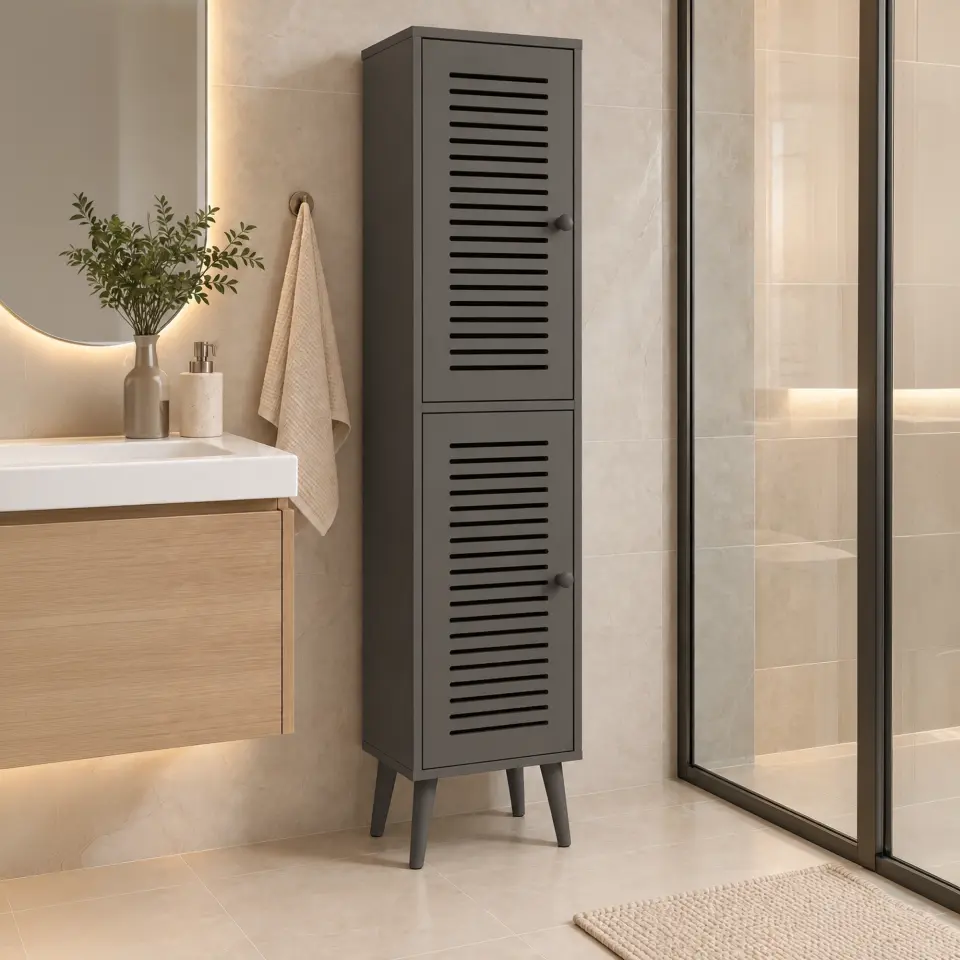 Vega Çok Amaçlı Dolap | Mutfak, Kiler, Banyo Dolabı %100 MDF (Panjur Kapak) | 2 Kapaklı GRİ