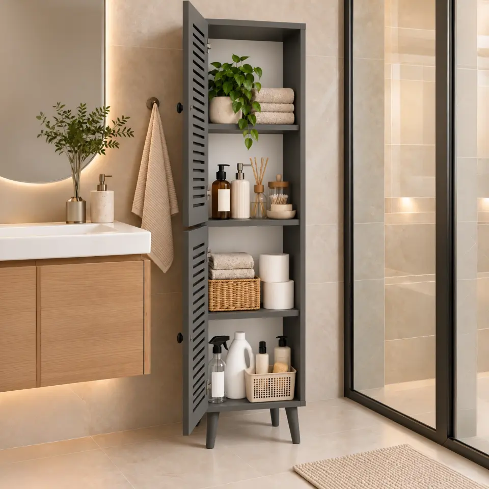 Vega Çok Amaçlı Dolap | Mutfak, Kiler, Banyo Dolabı %100 MDF (Panjur Kapak) | 2 Kapaklı GRİ