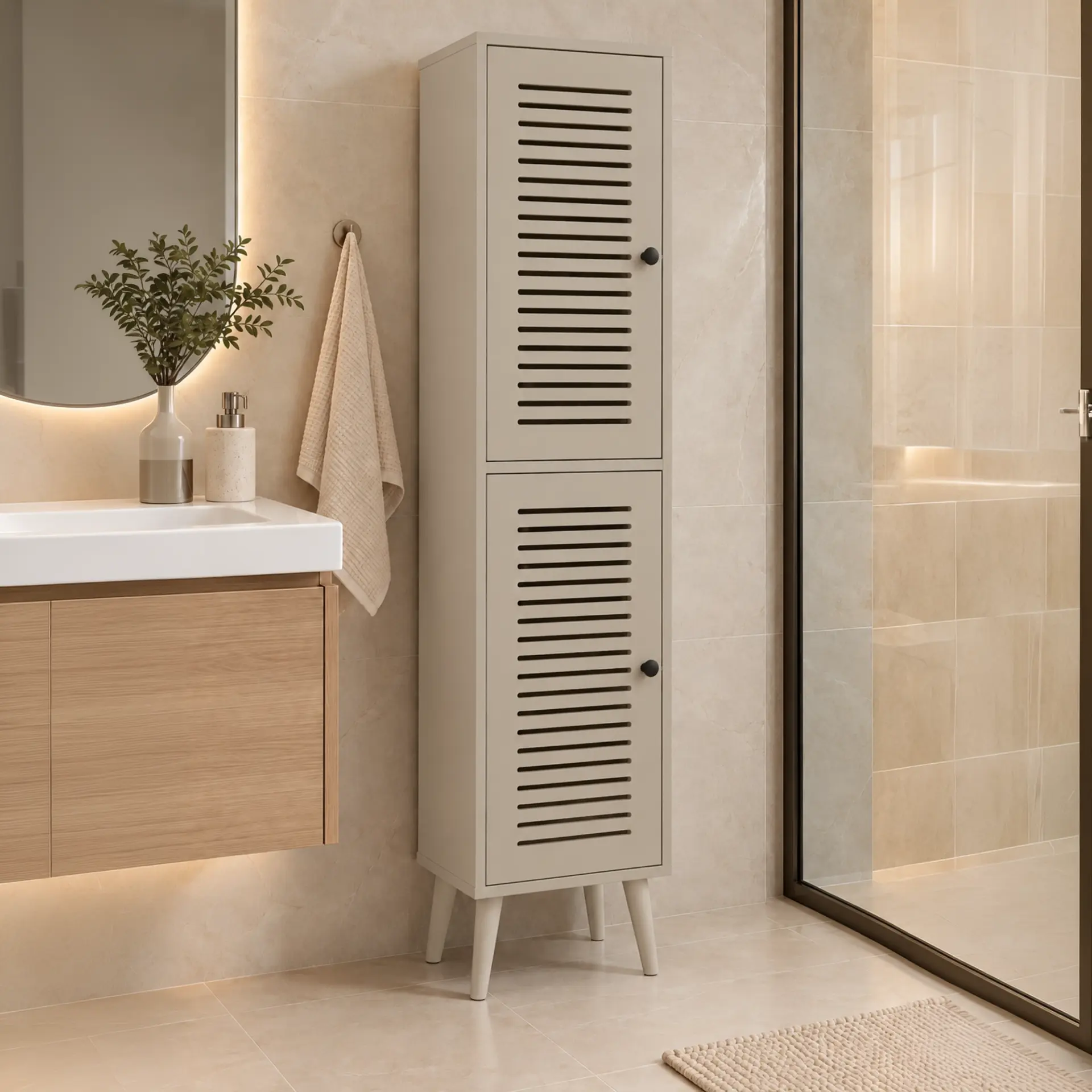 Vega Çok Amaçlı Dolap | Mutfak, Kiler, Banyo Dolabı %100 MDF (Panjur Kapak) | 2 Kapaklı KUM TAŞI