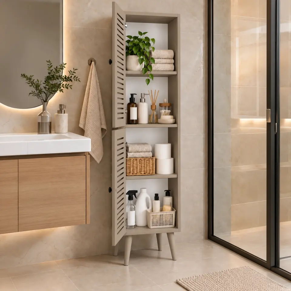 Vega Çok Amaçlı Dolap | Mutfak, Kiler, Banyo Dolabı %100 MDF (Panjur Kapak) | 2 Kapaklı KUM TAŞI