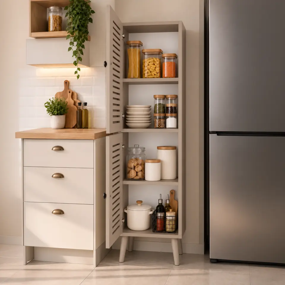 Vega Çok Amaçlı Dolap | Mutfak, Kiler, Banyo Dolabı %100 MDF (Panjur Kapak) | 2 Kapaklı KUM TAŞI