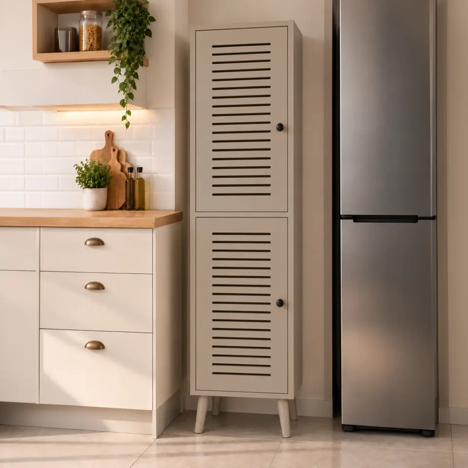 Vega Çok Amaçlı Dolap | Mutfak, Kiler, Banyo Dolabı %100 MDF (Panjur Kapak) | 2 Kapaklı KUM TAŞI
