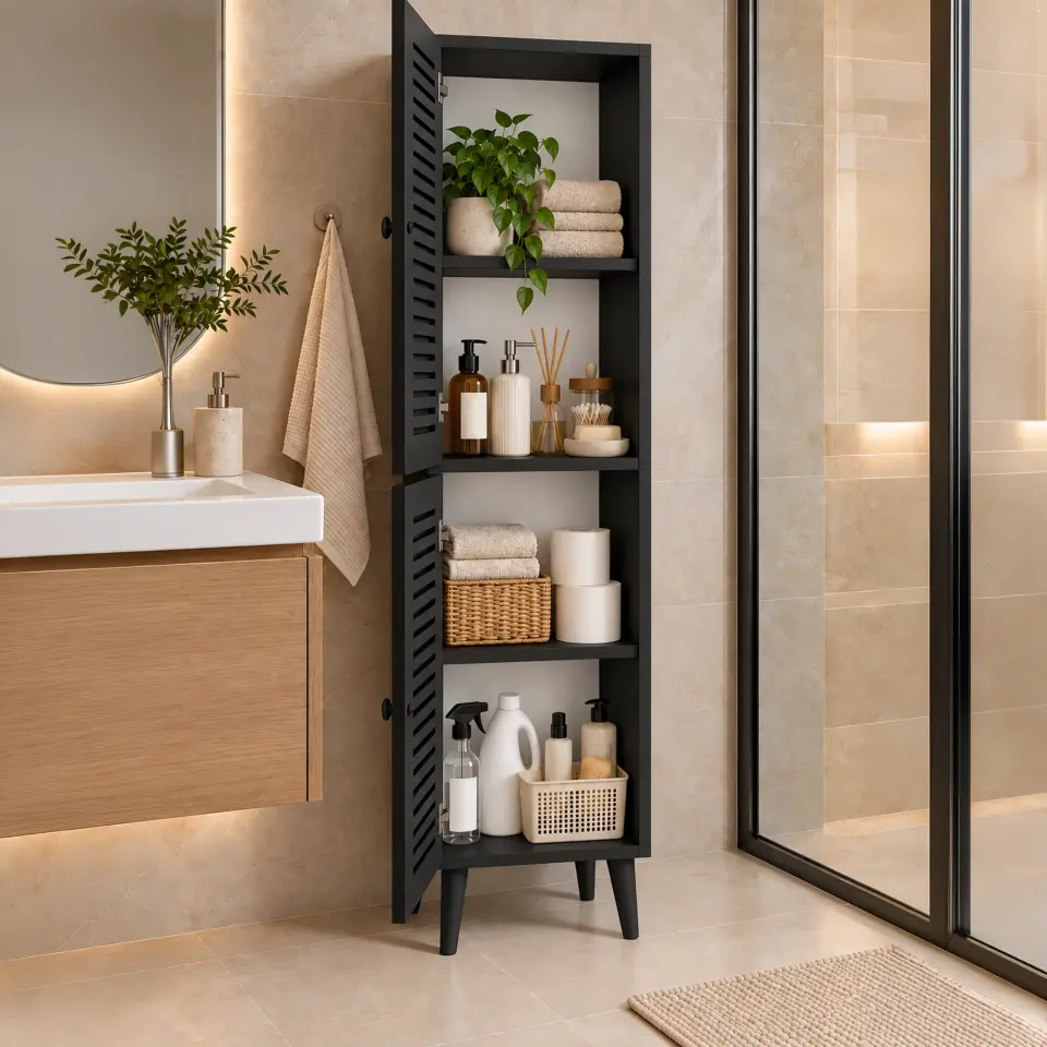 Vega Çok Amaçlı Dolap | Mutfak, Kiler, Banyo Dolabı %100 MDF (Panjur Kapak) | 2 Kapaklı SİYAH